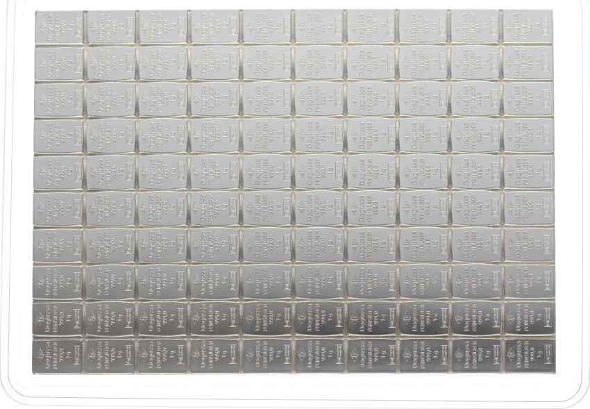 100 x 1 Gramm Silberbarren Degussa Tafelbarren